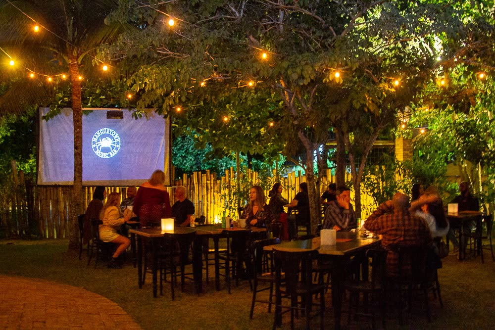 Mesas no jardim com telão sob luzes penduradas